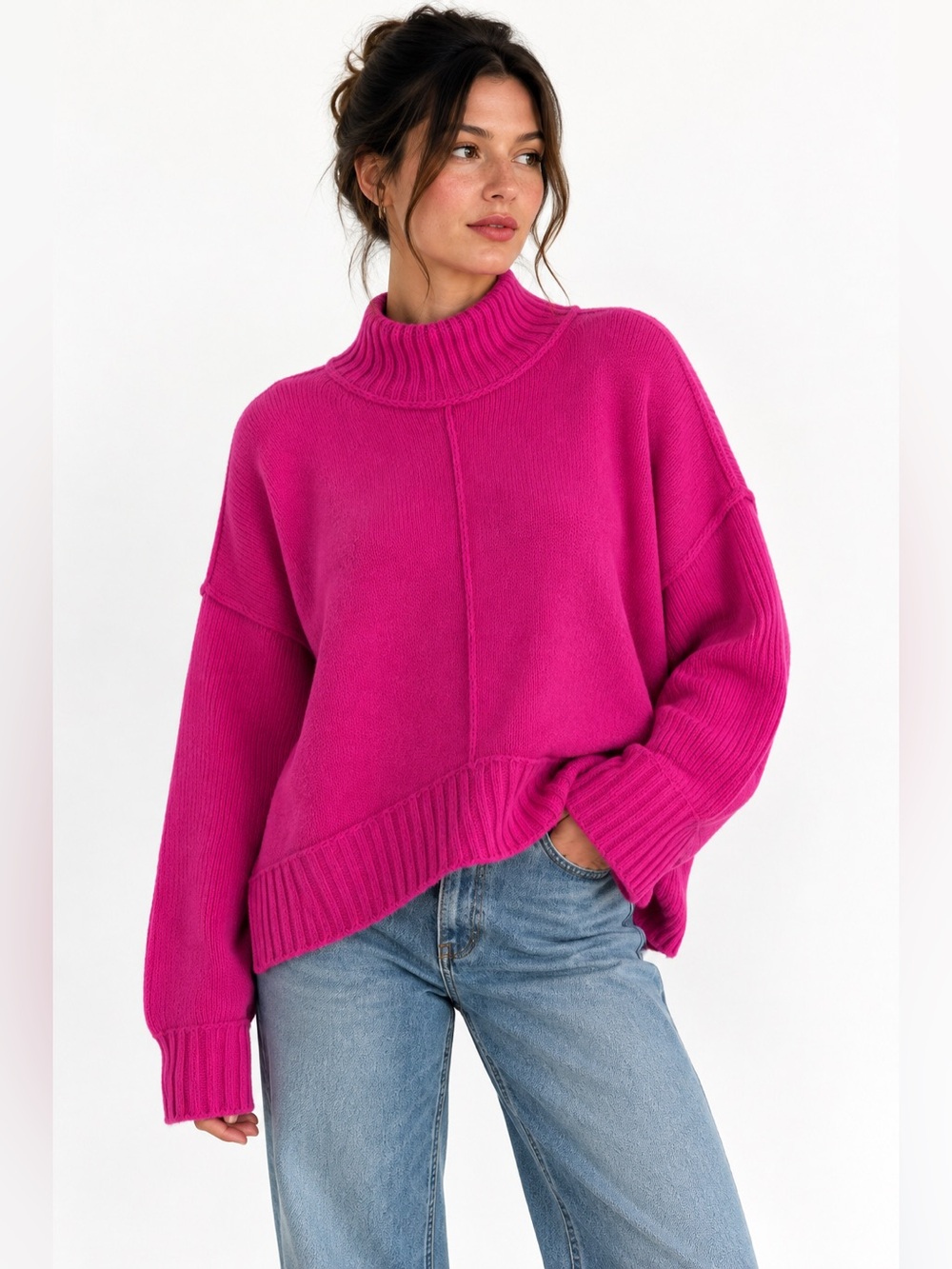 Maeve Anthropologie Hot Pink Oversized Mock Neck Sweater NWT S Wool Blend
